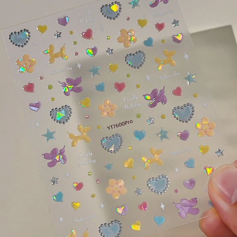 3D Relief Balloon Dog Nail Art Stickers Laser Silver Heart Flower Star Macaron Color Holographic Nail Decals For Women