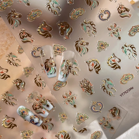 Vintage Chinese Style Bronzing Horse Nail Stickers Embossed 5D Floral Design DIY Manicure Art Decoration For Women New Year