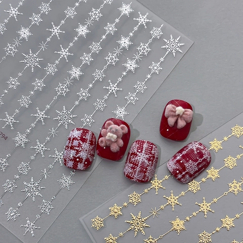 5D Relief Snowflake Chain Nail Stickers For Women Minimalist White Gold Silver Bronzing Winter Christmas Nail Art Decals DIY Manicure Jewelry