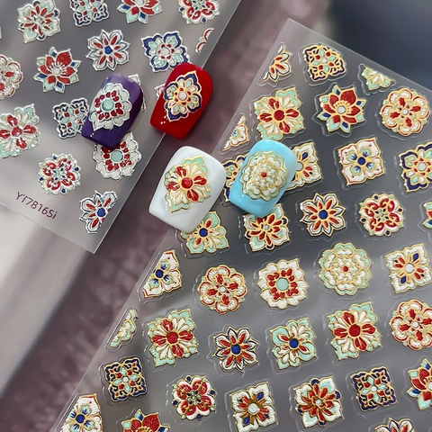 Vintage Bohemian Emaille 5D Geprägt Nagelaufkleber Blumen Geometrisch 3D Selbstklebend Gold Silber Folie Nagelsticker Damen