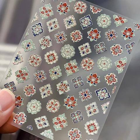 Vintage Bohemian Emaille 5D Geprägt Nagelaufkleber Blumen Geometrisch 3D Selbstklebend Gold Silber Folie Nagelsticker Damen