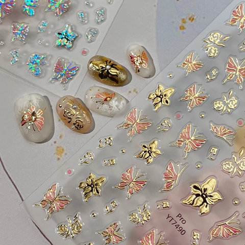 3D Embossed Butterfly Nail Stickers Metallic Gold Flower Self-Adhesive Nail Art Decals Holographic Butterfly Manicure Decor