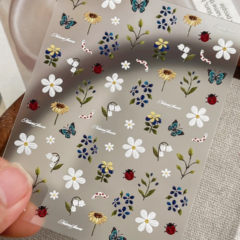 5D Relief Flower Nail Art Stickers Natural Sunflower Daisy Butterfly Ladybug Self Adhesive Manicure Decals Women Decor