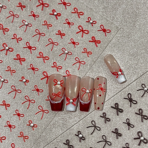 3D Relief Bow Nail Art Stickers With Artificial Pearl French Style Butterfly Design DIY Nail Decoration Decals For Women