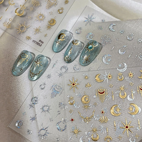 3D Celestial Nail Art Stickers Gold Silver Bronzing Moon Star Sun Astrological Designs Bohemian Decals For Women Manicure