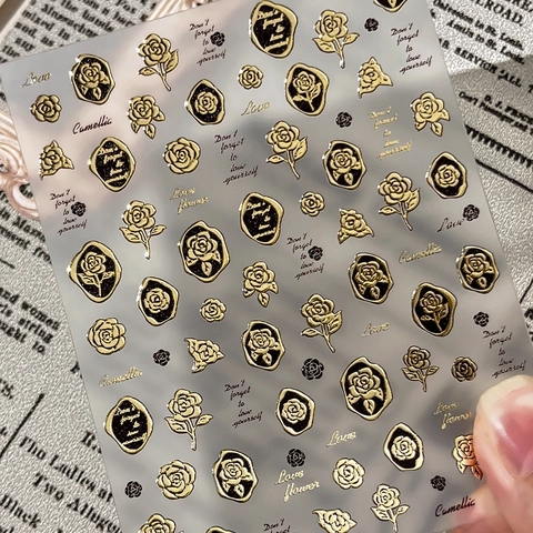 Vintage 3D Rilievo Bronzatura Adesivi per Unghie Retro Rosa Camelia Fiore Oro Argento Decalcomanie Adesive per Decorazione Manicure
