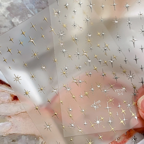 3D Metallic Starburst Nail Art Stickers Gold Silver Star Patterns Embossed Self Adhesive Rhinestone Decals Manicure Decor