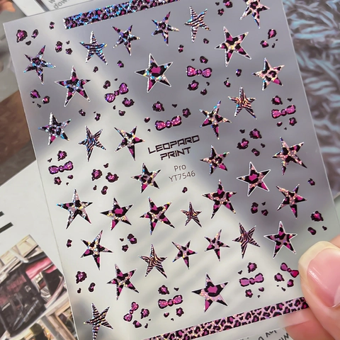 3D Leopard Print Star Bow Nail Art Stickers Holographic Glitter Self Adhesive Nail Decals For Women DIY Manicure Decor