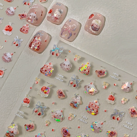 Cute Cartoon Rabbit Strawberry Bow 3D Embossed Nail Art Stickers Holographic Laser DIY Manicure Decoration For Women
