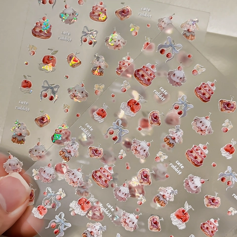 Cute Cartoon Rabbit Strawberry Bow 3D Embossed Nail Art Stickers Holographic Laser DIY Manicure Decoration For Women