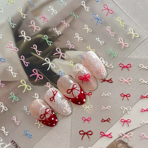 3D Embossed Nail Art Stickers Bowknot Polka Dot Lace Pattern Sweet Coquette Style Manicure Decoration Jewelry For Women