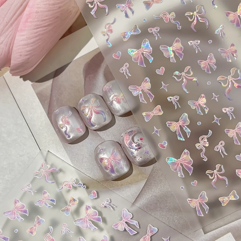 Adesivi per Unghie con Fiocco Laser a Rilievo 3D Cangiante Cuore Stella Decalcomanie per Unghie Autoadesive per Donna Decorazione Manicure DIY