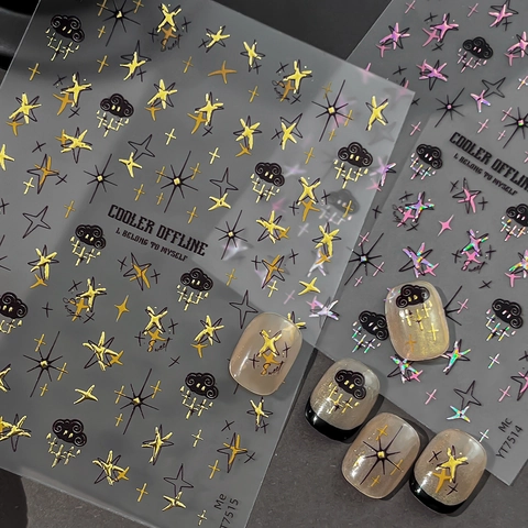 Nail Art Stickers Cool Girl Star Cloud Relief Manicure Decals Holographic Gold Silver Foil DIY Nail Decoration Slogan Decor