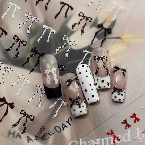 3D Embossed Bowknot Nail Art Stickers Sweet Polka Dot French Style Manicure Decals For Women DIY Nail Decoration