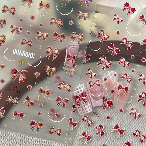 Baroque Style 3D Embossed Nail Art Stickers Red Bowknot Heart Patterns Retro Elegant Nail Decoration Stickers For Women
