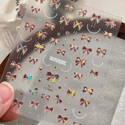 Baroque Style 3D Embossed Nail Art Stickers Red Bowknot Heart Patterns Retro Elegant Nail Decoration Stickers For Women