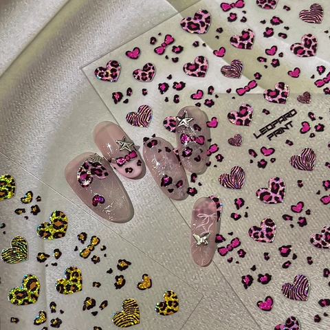 Leopard Print Heart Nail Art Stickers Animal Texture Bow Design Self Adhesive DIY Nail Decals For Women Beauty Decoration
