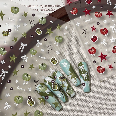 3D Relief Nail Stickers Sweet Style Apple Bowknot Star Patterns Embossed Nail Decals Self Adhesive DIY Nail Art Decor For Women