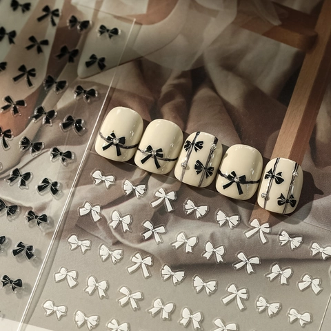 Schattige Strik Nagelstickers Zwart Wit Lint Ontwerp Zelfklevende Nagel Decals Voor DIY Manicure Mode Decoratie Vrouwen