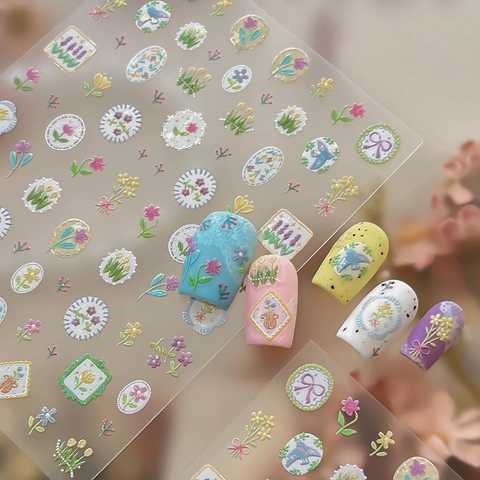 French Vintage Floral Nail Stickers 5D Embossed Relief Tulips Flowers Bird Bow Nail Art Decals For Women DIY Manicure