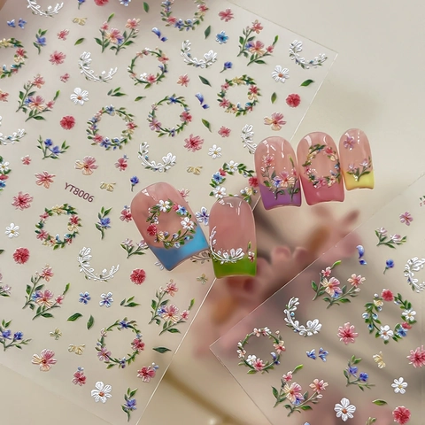 5D Reliëf Bloem Nagelstickers Kleurrijke Bloemkrans 3D Reliëf Zelfklevende Nageldecal Voor Vrouwen Manicure Decoratie