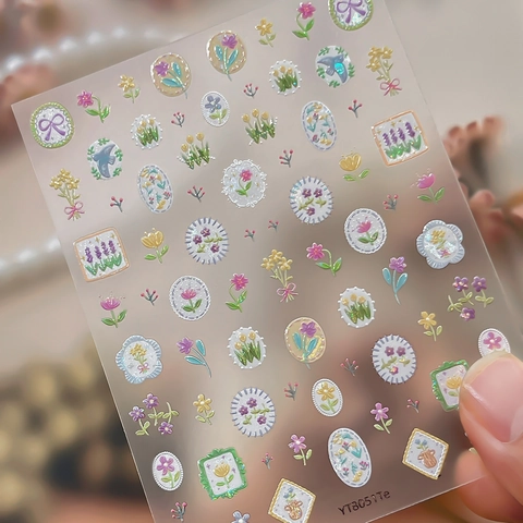 French Vintage Floral Nail Stickers 5D Embossed Relief Tulips Flowers Bird Bow Nail Art Decals For Women DIY Manicure