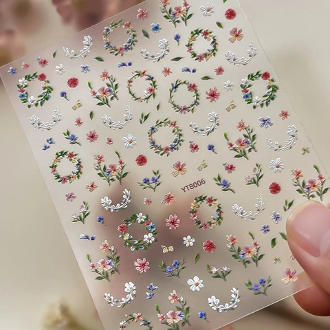 5D Reliëf Bloem Nagelstickers Kleurrijke Bloemkrans 3D Reliëf Zelfklevende Nageldecal Voor Vrouwen Manicure Decoratie