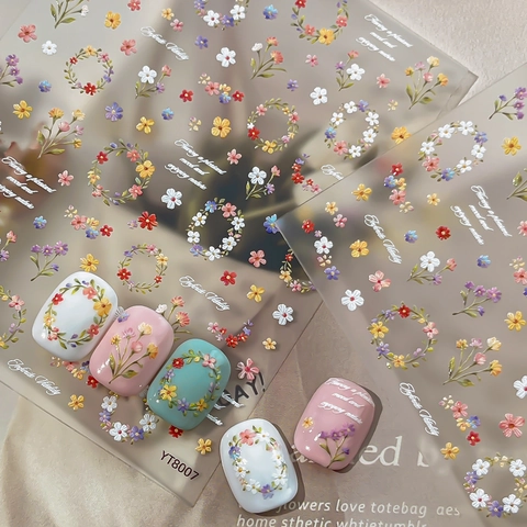 5D Relief Floral Nail Stickers Infinite Vitality Flower Wreath Design Self Adhesive Manicure Decals For Women DIY Nail Art