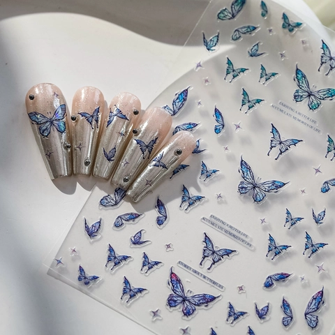 Pegatinas de Uñas de Mariposa Azul con Relieve 5D Autoadhesivas Estrella de Cristal Degradado Calcomanías de Uñas Para Mujeres Decoración de Manicura DIY