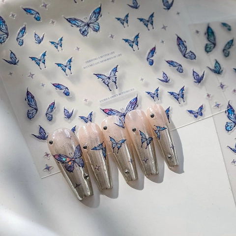 Pegatinas de Uñas de Mariposa Azul con Relieve 5D Autoadhesivas Estrella de Cristal Degradado Calcomanías de Uñas Para Mujeres Decoración de Manicura DIY