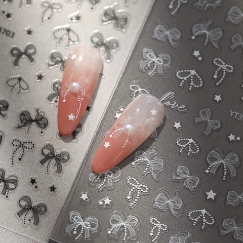 5D Relief Nagelkunst Aufkleber Schleife Stern Spitze Muster Selbstklebend Weiß Schwarz DIY Dekoration Für Damen Maniküre