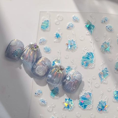 Ocean Theme 3D Relief Nail Art Stickers Shell Starfish Aurora Holographic Manicure Decals For Women Nail Decoration