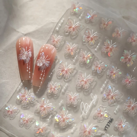 Adesivi per Unghie a Farfalla Luce di Conchiglia Rosa Rilievo 3D Autoadesivi Laser Olografici Decalcomanie Farfalla per Unghie Donna Decorazione Manicure DIY