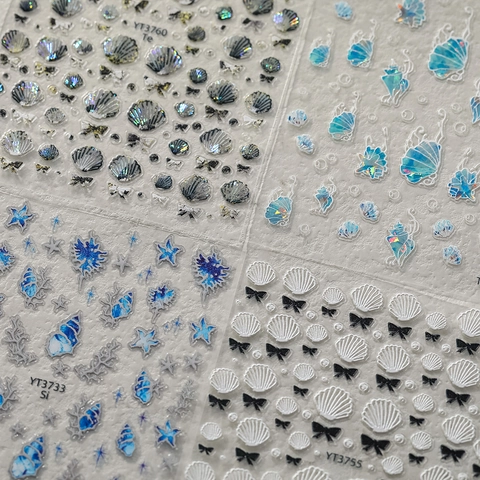 Ocean Theme 3D Relief Nail Art Stickers Shell Starfish Aurora Holographic Manicure Decals For Women Nail Decoration
