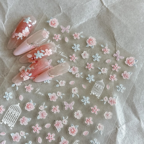 3D Geprägte Nagelkunst Aufkleber Pfirsichblüte Schmetterling Floral Selbstklebend Nagel Abziehbilder Für DIY Dekoration Damen Nagelkunst