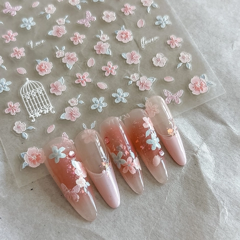 3D Geprägte Nagelkunst Aufkleber Pfirsichblüte Schmetterling Floral Selbstklebend Nagel Abziehbilder Für DIY Dekoration Damen Nagelkunst