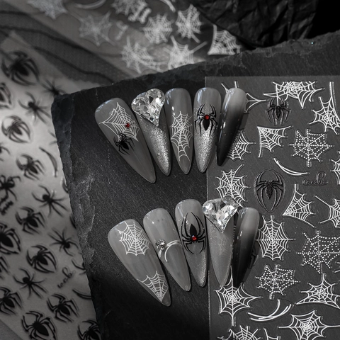 3D Embossed Halloween Spider Nail Stickers Gothic Black White Spider Web DIY Nail Art Decals For Women Festival Decor