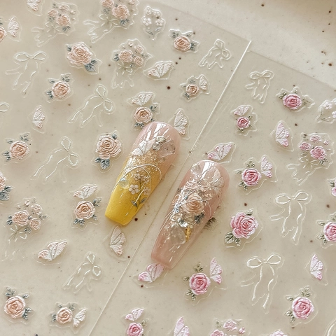 5D Relief Rose Blume Nagelaufkleber Schmetterling Bogen Selbstklebende Nagel Abziehbilder Französisch Vintage Floral Maniküre Dekor Damen