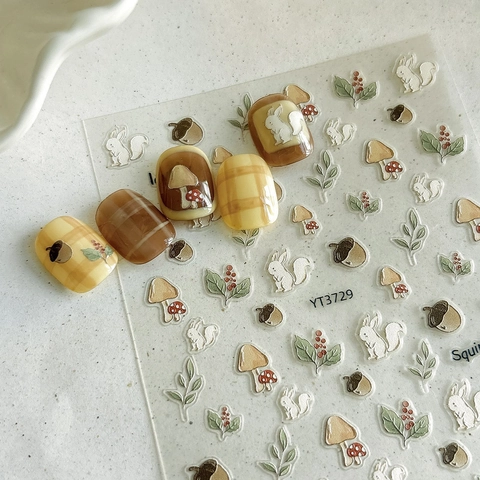 Squirrel Mushroom 5D Relief Nail Art Stickers Self Adhesive Forest Theme Autumn Leaves Nail Decals For Women DIY Manicure Decoration