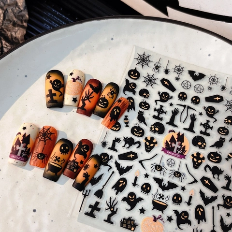 Halloween Nagelaufkleber Kürbis Fledermaus Geist Spinnennetz Design Selbstklebend 3D Relief Maniküre DIY Festival Party Deko