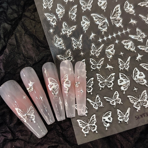 Silber Metallic Flüssig Schmetterling Nagelkunst Aufkleber 3D Schmetterling Sterne Design Für Damen DIY Maniküre Dekoration