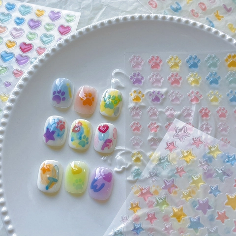 3D Jelly Macaron Color Nail Art Stickers Heart Star Cat Paw Letter Number Relief DIY Decoration Manicure Decals For Women