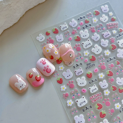 3D Relief Cartoon Nagelaufkleber Süße Hase Katze Erdbeere Blume Muster Selbstklebende Nagelsticker DIY Dekoration