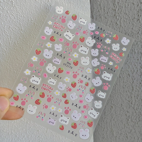 3D Relief Cartoon Nagelaufkleber Süße Hase Katze Erdbeere Blume Muster Selbstklebende Nagelsticker DIY Dekoration