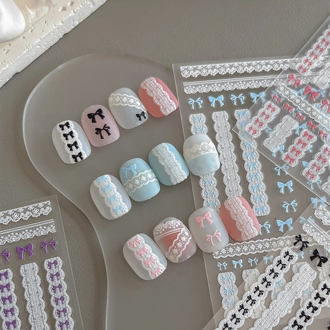 5D Embossed Bow Nail Art Stickers Lace Texture DIY Manicure Decals For Women Fashion Elegant Nail Decoration Stickers