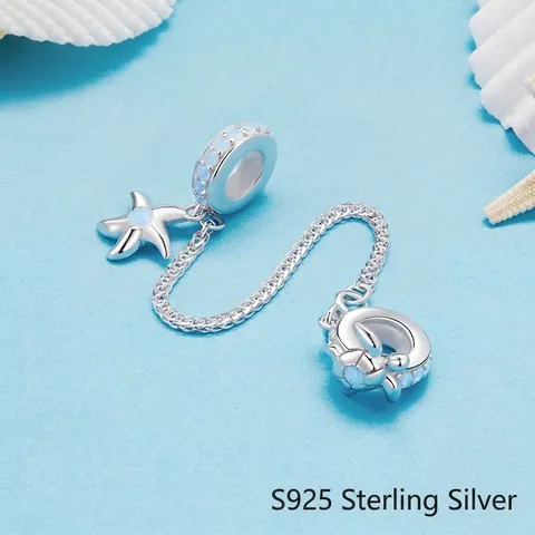 925 Sterling Silver Ocean Series Safety Chain Charm With Sea Turtle Starfish Blue Opal DIY Bracelet Jewelry Pendant