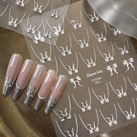 Pegatinas de Uñas de Lazo de Plata Metálica 3D Estampación en Caliente Estilo Francés Relieve Lazos Calcomanías de Uñas para Mujer