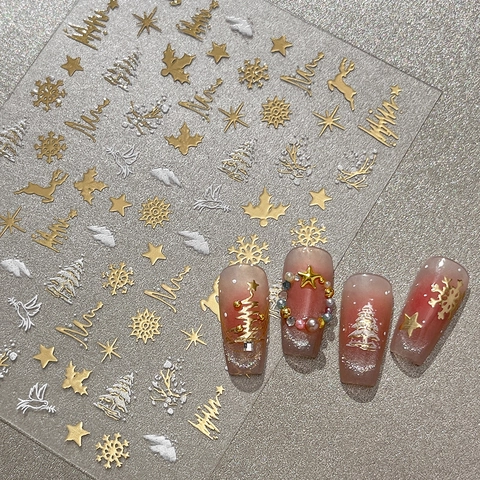 Weihnachten 3D Relief Nagelkunst Aufkleber Schneeflocke Rentier Gold Silber Metall Nagel Decals Winter DIY Dekor
