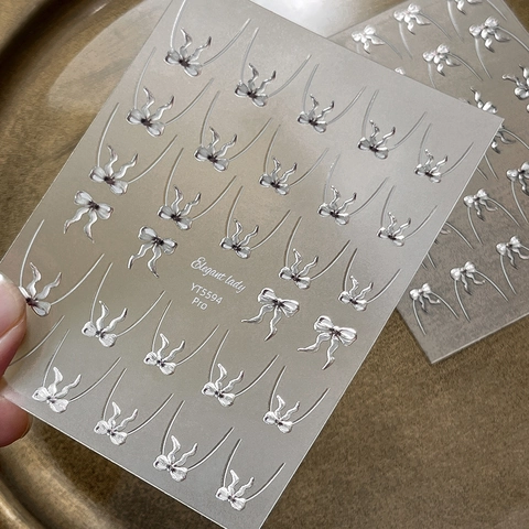 Pegatinas de Uñas de Lazo de Plata Metálica 3D Estampación en Caliente Estilo Francés Relieve Lazos Calcomanías de Uñas para Mujer
