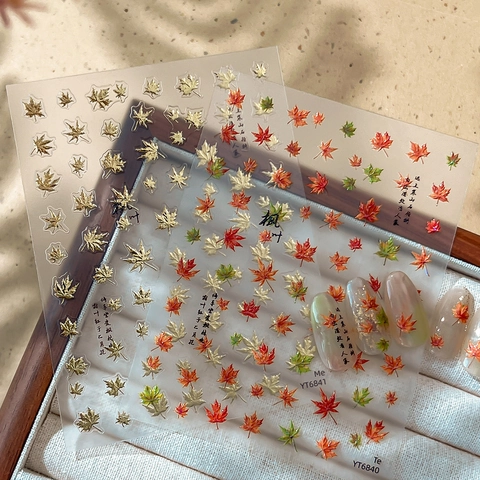 Maple Leaf Nail Art Stickers 3D Embossed Chinese Calligraphy Design Self Adhesive Nail Decals Autumn Themed DIY Decoration
